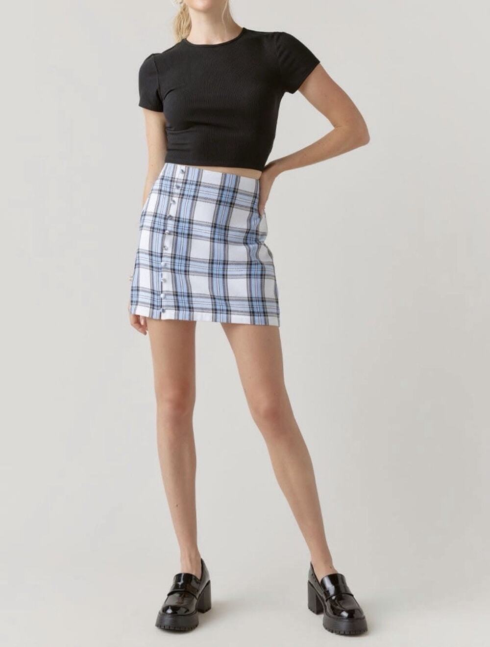 Francescas Blue Rain Plaid Mini Skirt Lined Academia Retro 90s Y2K Aline Flannel